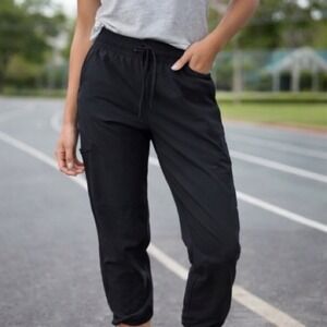 Women's Black Jogger Pants Stretch Drawstring‎ Waistband Ankle Cuff Athletic S